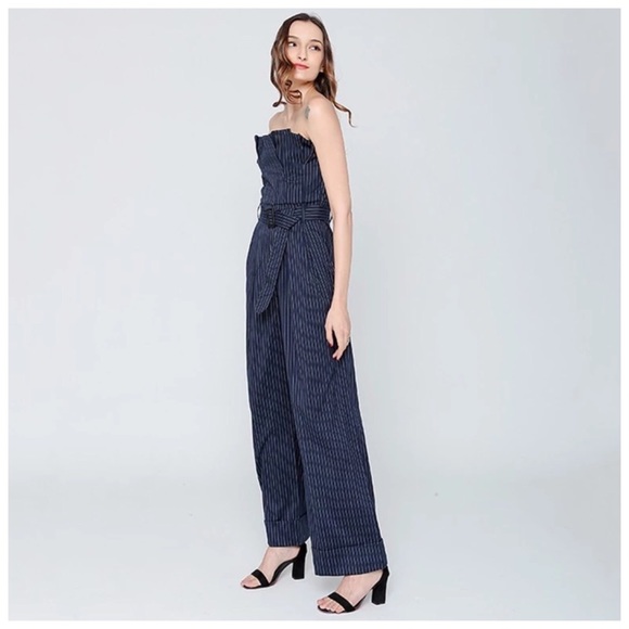 ❤️ Navy Blue Stripe Wide Leg Ruffle Jumpsuit - Picture 4 of 7